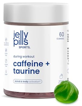 Jelly Pills Taurina + Cafeína - 60 Gominolas Veganas - 40 mg Cafeína con Taurina y Guaraná - Energía y Enfoque - Vitaminas C y B6 - Sabor Limón - 8 kcal