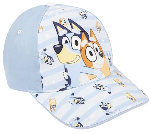 CARTOON Bluey Casquette d'été pour fille avec visière réglable Taille 51 cm Casquette soleil pour enfants avec bleu et bingo 65 % coton 35 % polyester, bleu ciel, 51