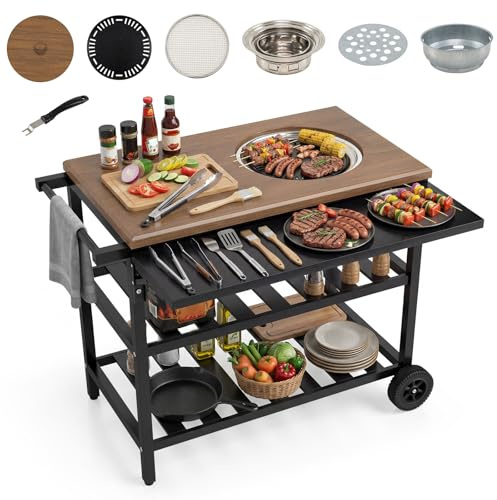 COSTWAY Carrello per Barbecue, Mobile Servizio da Esterno con Forno Smontabile, Griglie e Teglie in Metallo, Tavolino Pieghevole, Carrellino con Ruote per Picnic e Feste, 94,5 x 75 x 78,5 cm