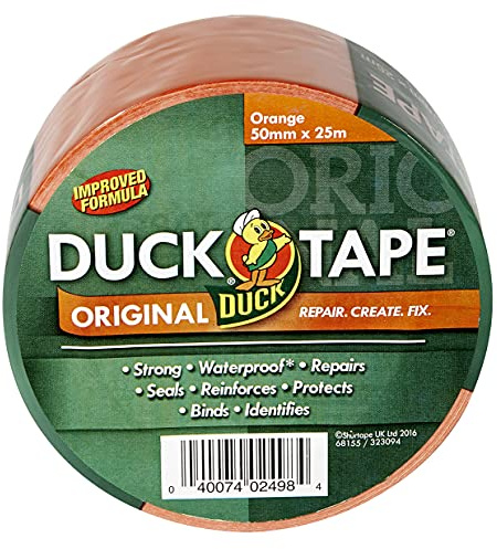 Duck Tape Original Orange Duct Tape, 50mm x 25m Heavy Duty, Waterproof Gaffer, Gaffa Sticky Tape, Strong Adhesive Cloth Repair Tape, Suitable for Packing boxes, Moving House, Parcels or Packaging