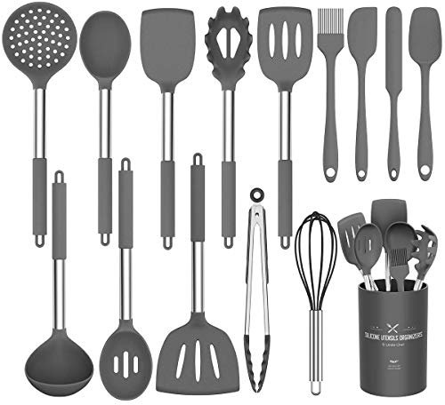 Umite Chef - Set di utensili da cucina, resistenti al calore, antiaderenti, in silicone, senza BPA, manico in acciaio inox, spatola, cucchiaio, frusta, 15 pezzi