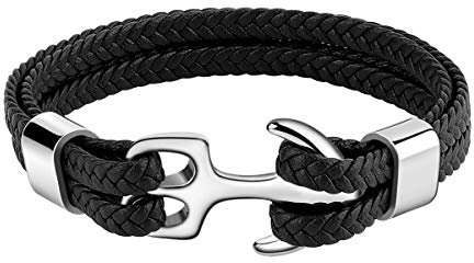 Emibele Bracciale Intrecciati in Pelle Vacchetta per Uomo, Bracciale Avvolgente Stile Semplice e Moderno con Fermaglio Argento a Forma di Ancora in Accaio Inossidabile - Nero