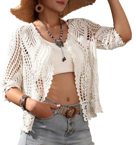 Kimono de plage long en dentelle florale avec crochet pour femme, avec demi-manches - Cache-maillot de bain SMDPPWDBB, Blanc-a, Taille Unique