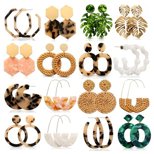 LANTAI 16 Pairs Trendy Statement Acrylic Rattan Earrings for Women-Fashion Summer Beach Vacation Boho Jewelry Set