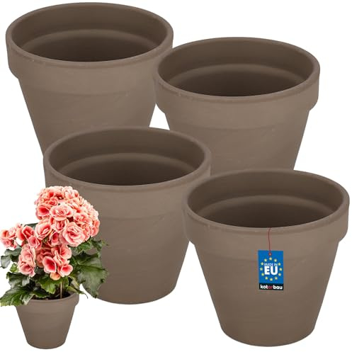 Kotarbau® Set di 4 vasi in terracotta con bordo 13 cm, per interni ed esterni, vaso per piante, per balcone o giardino, ceramica non smaltata, rustica, beige