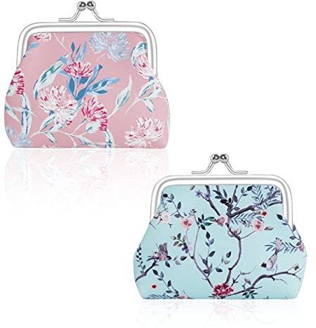 FuninCrea 2 Stücke Mini Geldbeutel Täschchen für Frauen, Münzbörsen Kunstleder Kleingeldbörse mit Kiss Lock, Kleine Täschchen Blumenmuster Münzbeutel, Mini Beutel für Bargeld Münze (Stil 2)