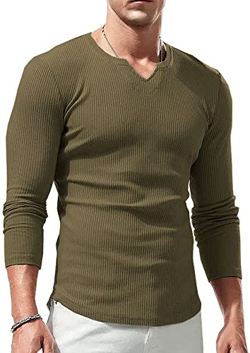 Lehmanlin T-Shirt de Sport à Manches Longues pour Homme, Col en V Extensible, Coupe Musclée, sous-vêtement Décontracté, T-Shirt Thermique Léger pour Homme Marron S