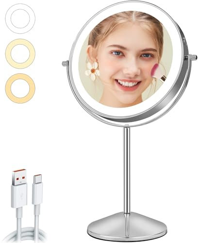 AumVum Specchio da trucco da 8 pollici con illuminazione, 1 x 10 x specchio da tavolo, ricaricabile USB, 3 colori di luce e dimmerabile, girevole a 360° per trucco, rasatura e cura della pelle