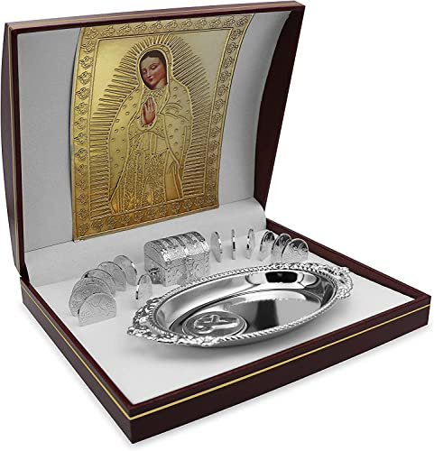 EHV Silver Plated Wedding Unity Coins with Decorative Display Case, Treasure Box, and Silver Platter, Classic Arras Ceremony Souvenirs, Beautiful Confirmation Gift Set (Virgen Busto)