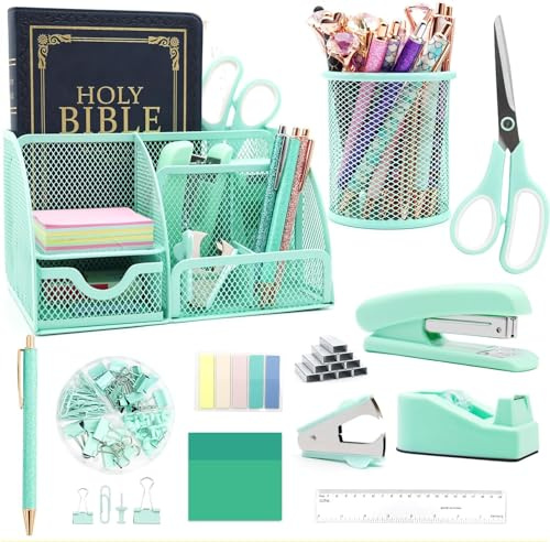 12 in 1 Teal Green Desk Organizer Set - Green Office Accessories Include Stapler, Pen Holder, Tape Holder, Scissors, Ruler, Staple Remover for Home & School