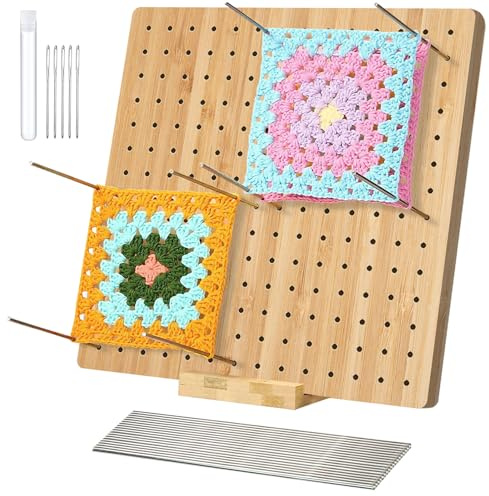 Planche de blocage pour Granny Square - Crochet en bois et 20 broches en acier inoxydable - Planche de blocage PQKL-party pour crochet - Kit de blocage en bambou