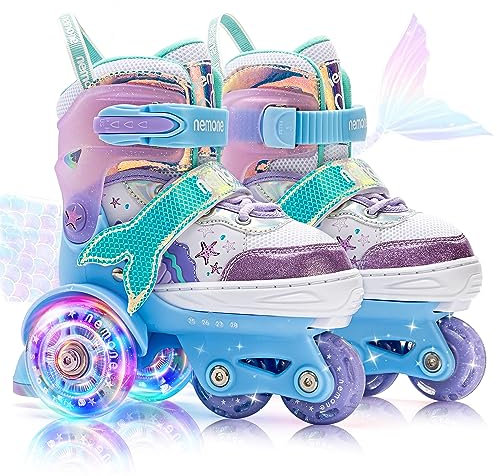 NEMONE Rollschuhe für Mädchen Kinder 4 Größen Verstellbar Blau Violett Rollschuhe für Kinder Drinnen Draußen Mädchen Kinder