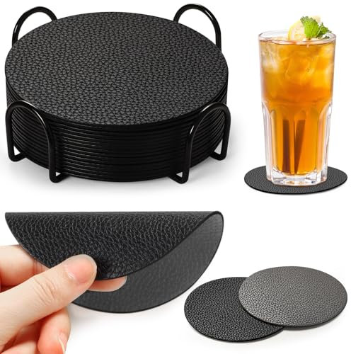 Cokaca Untersetzer Gläser, 12er Set Glasuntersetzer mit Halter Doppelseitigen Leder Kunstlede Tischuntersetzer, Lederoptik Untersetzer (Grau+Schwarz)