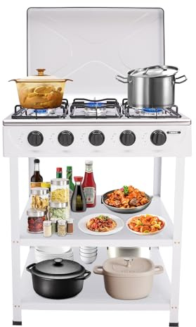 RocoReny 5-Burner BBQ Gas Grill,Steel Silver Outdoor Portable Camp Stove with 2 Tiers Stand and Legs,Wind Blocking Cover Adapter Manual Ignition Gas Stove for Backyard,Camping or Picnicking (White)