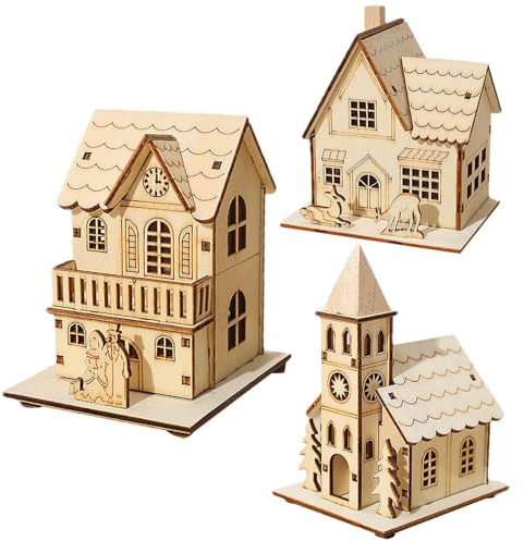 LED Maisons De Village De Noël en Bois Lumineuses, Lot De 3 Maison Village De Noel Miniature, Maison De Noël Lumineuse en Bois pour Décoration De Noël Intérieur De Table, Village De Noel Lumineux