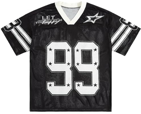 Yimoon Camicie da Uomo in Jersey Oversize con Numeri grafici Magliette a Maniche Corte Vintage Anni '90 Y2k Streetwear Top, Nero, S