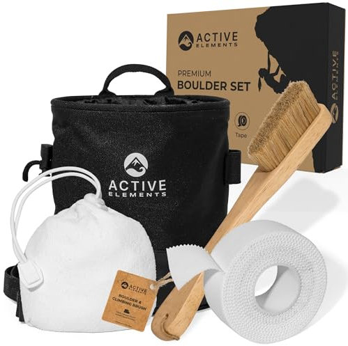 Boulderzubehör 4 in 1 Set & einzeln: Chalkbag, Chalk Ball, Boulder Bürste und Finger Tape - Kletterausrüstung ideal für die nächste Session, Bouldern Geschenk, Chalk bag und Kletterbürste auch einzeln