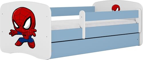 WFL GROUP Kinderbett Blau 70x140 80x160 80x180 cm – mit Matratze, Rausfallschutz und Schublade – Jugendbett für Jungen – Stabil und Sicher – Spider – 140x70 cm
