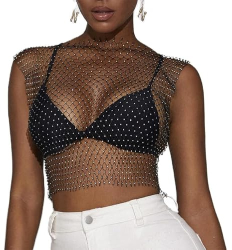 BLPRKOT Paillettes Visible Sexy en Résille à Manches courtes en Maille avec Strass Scintillant Haut de Danse Jazz Latine Cache-épaules Blouse à Sequin Tenue de Night Club Bar Plage