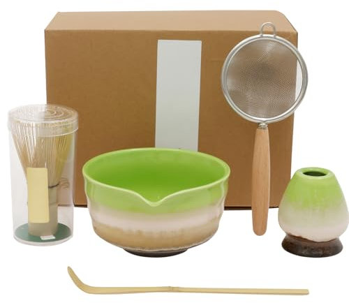 TNTGMG Lot de 5 bols à matcha en céramique avec bec verseur, capacité de 520 ml, bols mélangeurs traditionnels, fouets macha avec support, pelle, passoire, filtre en céramique pour une expérience