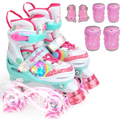 Sportneer Rollschuhe Kinder, Rollschuhe mit Seitliche Leuchtlichter und 6pcs Schutzausrüstung Rollschuhe 4 Größen Verstellbar für Mädchen, Kinder, Jugendliche, Anfänger, Drinnen und Draußen
