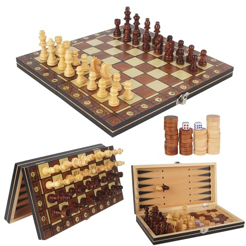 Schachspiel,3-in-1Magnetisches Schachspiel aus Holz 29 x 29 cm,Chess Set, Faltbares Chess Board, Kinder, Freunde, Familie Oder Partner