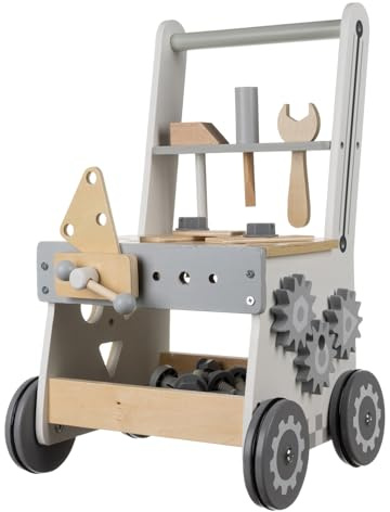 Banco de trabajo infantil de madera 3 en 1 – Taller de herramientas y almacenamiento, carro deslizante con ruedas silenciosas, juego de clasificación y tornillo de banco – a partir de 3 años – Bordes