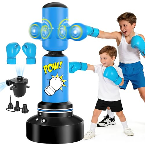 JUOIFIP 360°Rotatable Punching Bag for Kids, 63”Kids Punching Bag with Gloves and Electric Air Pump, Bop Bag Inflatable Punching Toy, Karate Gifts for Boys,Girls