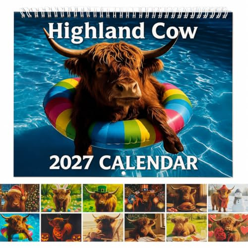 Highland Cow Calendar 2027, Funny Cute Swimming Cow Monthly Wall Calendar for Planning, Animal Picture Art Decor Gift for Home Office