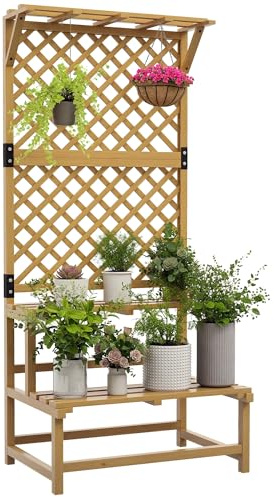 Outsunny Escalier à fleurs avec tuteur, 2 marches, toit, escalier pour plantes d'intérieur et extérieur, support de fleurs en bois, étagère à fleurs à plusieurs étages pour jardin, balcon, 75 x 50 x