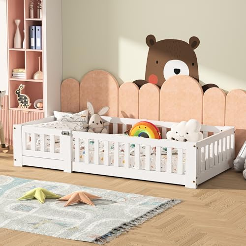 QSFCUB Golvsäng för barn 120x200 cm med fallskydd, Montessori barnsäng med dörr & ribbotten, golvsäng för baby för pojkar och flickor, massivt trä, utan madrass (Vit-A02, 120x200)