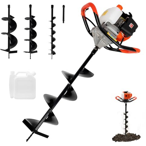 TONFEION Trivella a benzina a 2 tempi, 52 cc, 2,3 CV, trivella con 3 inserti Ø 100/150/200 mm e asta di prolunga, serbatoio carburante da 1,2 l, 6500-8500 giri/min, per giardino, recinzione