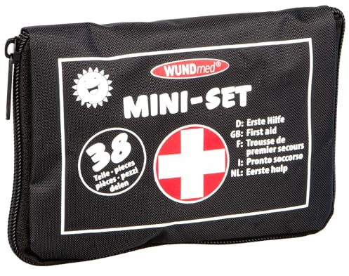 Wundmed Mini-set första hjälpen nödfall, plåster, förband, första hjälpen låda, sopbinde, verband, pincett, sax, häftklammer, totalt 38 delar, 16 x 3 x 11 cm