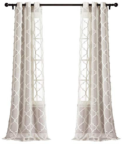 Lush Decor Avon Trellis Grommet Sheer Window Curtain Panels Pair 38 W x 84 L Beige - Sheer Curtains for Living Room - Modern Farmhouse Bedroom Curtains