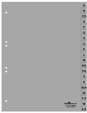 Durable 651010 A-Z Register (A4, geprägte Taben, 20tlg, aus PP, volldeckend) grau (A-Z, 20-tlg, 5 Stück)