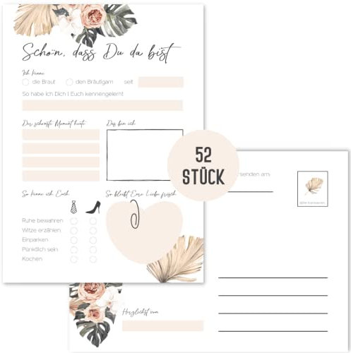Things of Happiness Hochzeitsspiel 52 Postkarten | Postkarten Spiel Hochzeit für Gäste | Alternative Gästebuch für Hochzeit | 52 Wochen Spiel (Creme Beige Palmen)