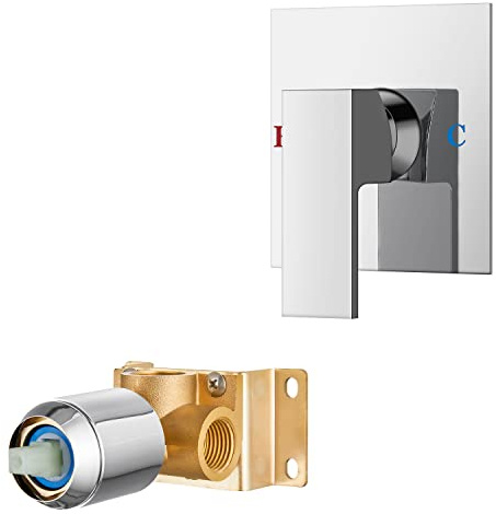 Airuida Single Handle Shower Valve Trim Kit – Wall Mount Brass Rough-in Valve with Female Thread Connection,Square Shower Handle with 4.3 Inch Cover Plate – Chrome Polish