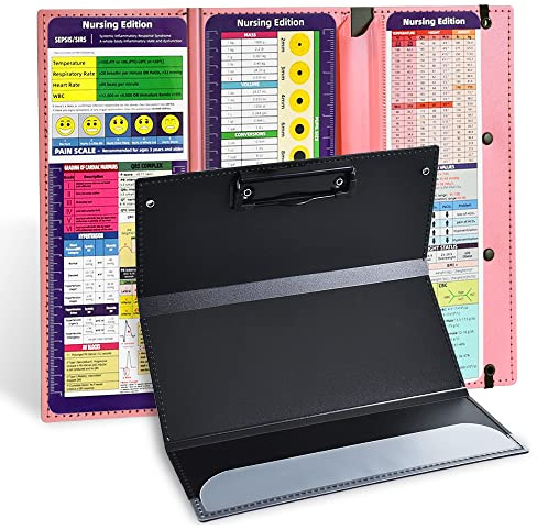 Vuzvuv Nursing Foldable Plastic Clipboard 3 Layers with Medical Edition Cheat Sheets, Pink Pocket Foldable Nurse Clip Boards Notepad for Students,Doctors and Medical Staff