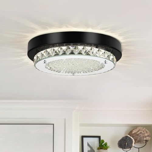 Knwjmv Flush Mount Ceiling Light LED Crystal Bathroom Light Fixture Small 10 Inch Dimmable Hallway Lighting Black Modern Foyer Ceiling Lights for Entryway Laundry Room Mini Kitchen Ceiling Light