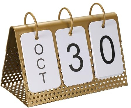PATIKIL Vintage träkalender, flip kalender vänd sida månad datumvisning för skrivbord kontor heminredning stil 1, gyllene