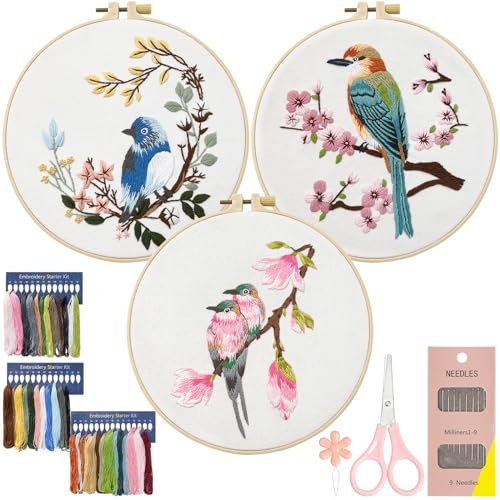 Dremisland Anfänger Stickerei Set Stickerei Set Blumenmuster Pflanzen Kreuzstich-Kit Starter Tools Kit mit 3 Stück Kunststoff Stickrahmen Kolibri Sticken Set Erwachsene Handstickerei-Kits DIY Kunst