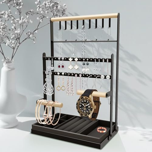 Porta gioielli,Porta orecchini,Porta collane,Espositore gioielli,Espositore per Gioielli,Struttura in Metallo,Vassoio in Velluto, Portacollane per Gioielli,per Orecchini,Collane,Anelli,Bracciali,Nero