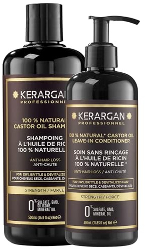 Kerargan - Duo Anti-Håravfall Schampo och Leave-In med Ricinolja För Torrt, Skört och Svagt Hår - Stärker och Stimulerar - Utan Sulfater, Parabener och Silikoner - 500ml + 350ml