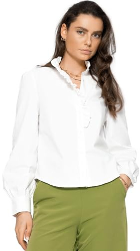 SASSYCLASSY volangblus damer av bomull vit rosa svart eller med hjärta broderi röd – volangskjorta damer – skjortblus damer långärmad med volangkrage – blus damer elegant – storlekar XS S M L XL, Vit