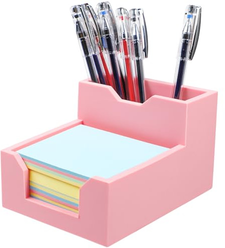 Kamehame Sticky Notes Holder Silicone Memo Pad Holder Note Block Cube Pen Organiser Desk Cube Note Box Fits 3x3 Inches Sticky Notes, Pink