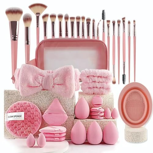 Set di pennelli da trucco da 42 pezzi, con custodia, set di pennelli da trucco, di alta qualità, multifunzionali, per fondotinta, ombretti, contorni, cipria e correttore (rosa)