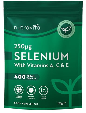 Nutravita Selenio 250µg ACE con Vitamina A, C y E – 400 tabletas veganas (suministro 1+ año) – Apoya sistema inmunitario y tiroides – Para cabello, piel y uñas – Fabricado en Reino Unido