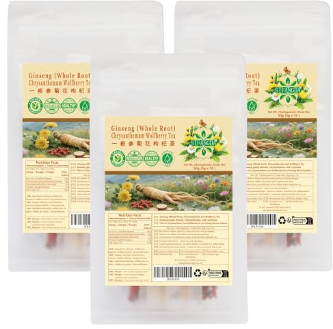 Lot de 3 paquets de tisane au ginseng, chrysanthème et baies de goji, 50 g par paquet (10 sachets de 5 g), au goût doux et moelleux, tisane d'infusion pour les loisirs du quotidien