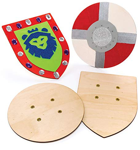 Baker Ross AW654 Wooden Shields - Pack of 2, 25cm-30cm, Knights Shields, Elastic Handle, Costume Accessory, Dress Up