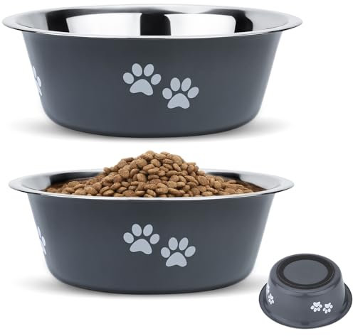 PETTOM 2 Stück Edelstahl Hundenapf (860 ML), Futternapf für kleine Hunde und Katzen aus Edelstahl mit Rutschfestem Silikonboden, Trinknapf für Hunde Katzen, S - 17.5 cm, Grau